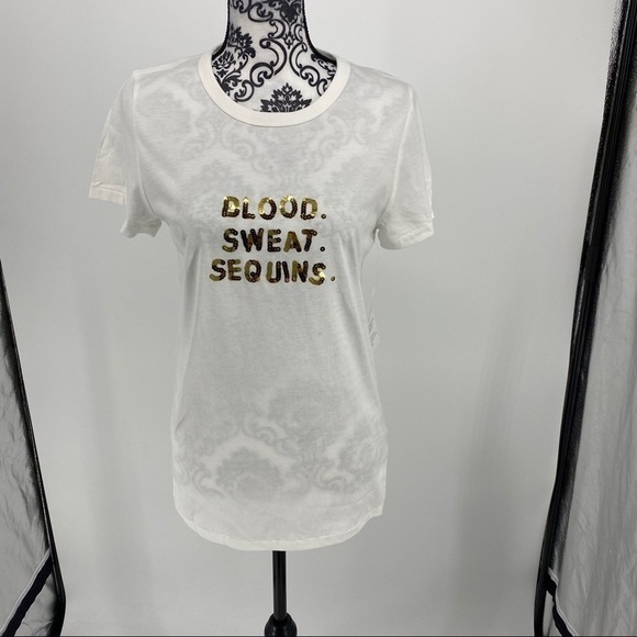 Bow & Drape Womens Blood Sweat Sequins Slogan Tee - Picture 5 of 15